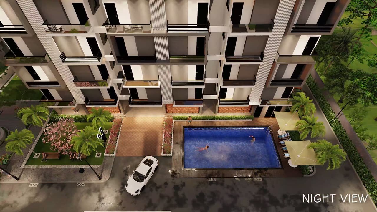 Aerial view of the Shriejan Heights pool courtyard and landscaped gardens, from the walkthrough